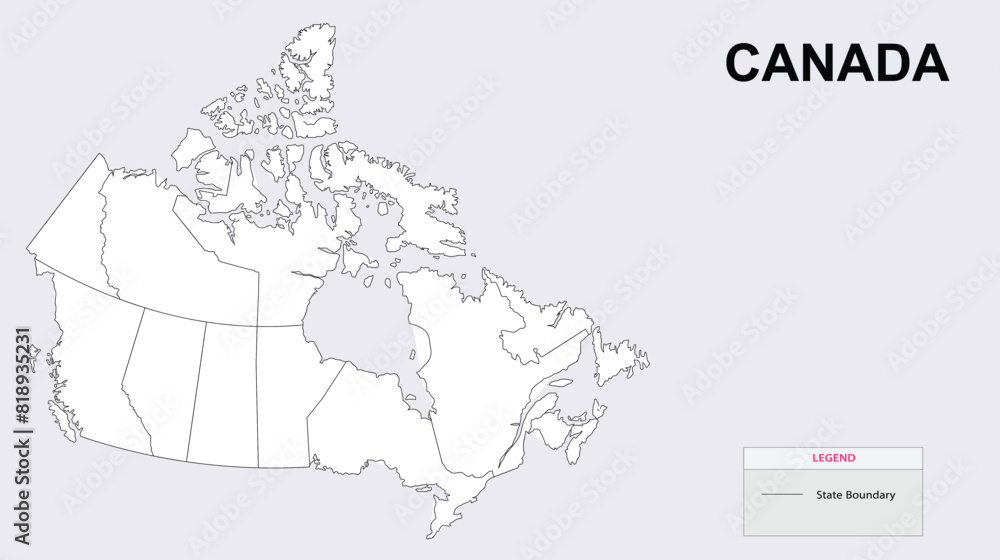 Canada Map. Outline state map of Canada. Political map of Canada with a black and white design.