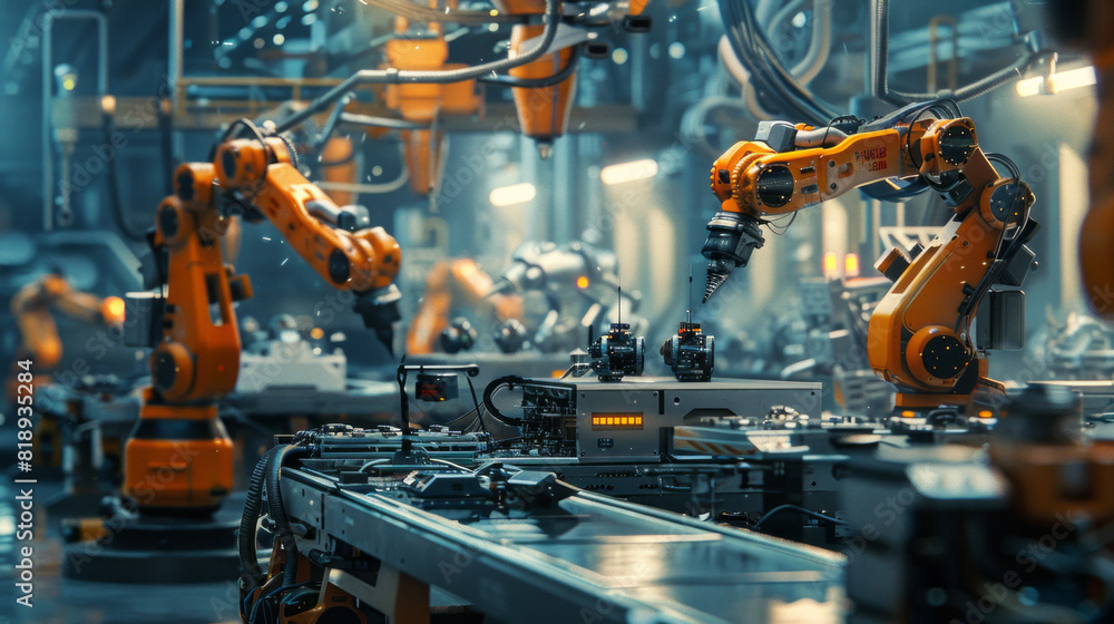 high-tech factory floor with rows of robotic arms working in unison on an assembly line. The scene showcases automation, industrial robots, and advanced manufacturing processes high-tech factory floor with rows of robotic arms working in unison on an assembly line. The scene showcases automation, industrial robots, and advanced manufacturing processes