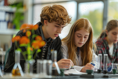 teenage boy and girl working on biology class. ai generated