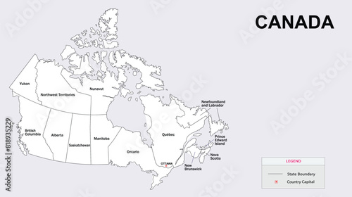 Canada Map. State and district map of Canada. Administrative map of Canada with district and capital in white color.
