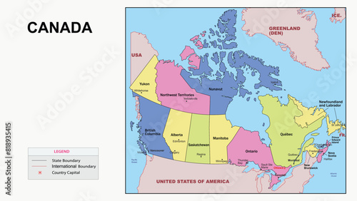 Canada Map. State and district map of Canada. Political map of Canada with country capital.