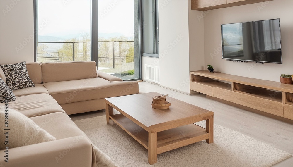 Natural Wood Coffee Table in a Minimalist Living Room: Beige Sofa and TV Unit Against a Window Natural Wood Coffee Table in a Minimalist Living Room: Beige Sofa and TV Unit Against a Window