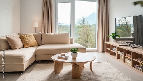 Natural Wood Coffee Table in a Minimalist Living Room: Beige Sofa and TV Unit Against a Window"