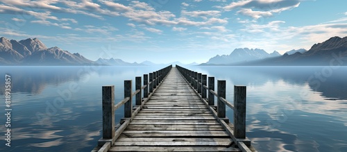 A copy space image showing a square frame beam bridge crossing over a scenic blue lake with its deck being supported by abutments or piers photo