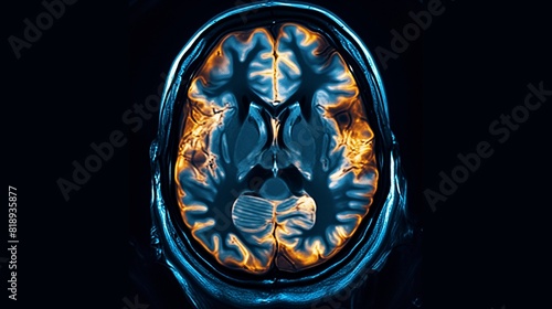 Medical imagery showcasing a detailed MRI scan of the human brain with highlighted regions in vibrant orange against a stark black background. Educational, medical, or scientific presentations.