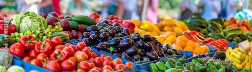 A farmers market bursting with fresh summer produce, people browsing colorful fruits and vegetables under sunny skies