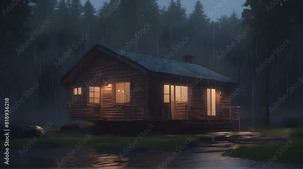 Animation of cabin in the woods at nightfall during heavy rainfall. still shot of 3d render. generative.ai