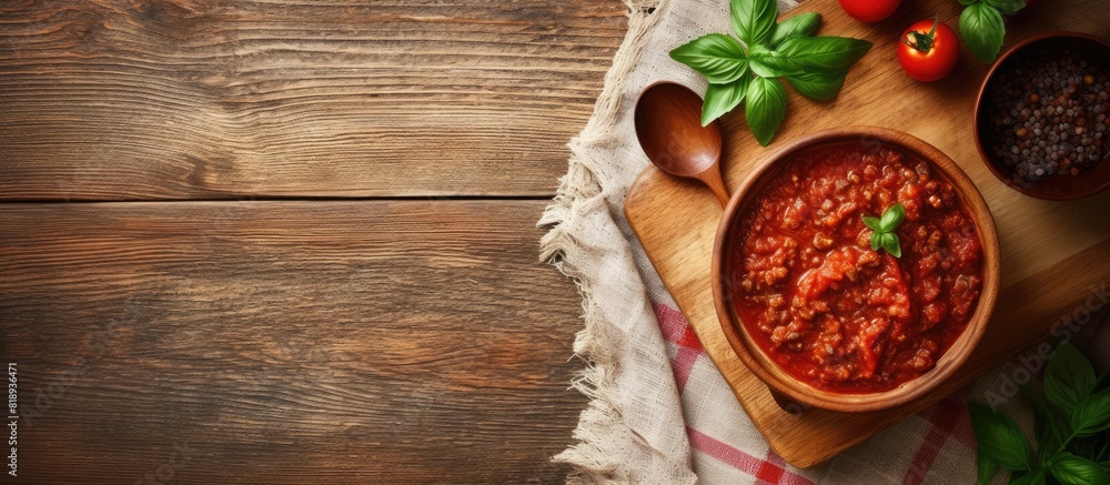 A wooden cutting board with a bowl of fresh bolognese sauce placed on a linen tablecloth The image is captured from a top down perspective leaving copy space available A wooden cutting board with a bowl of fresh bolognese sauce placed on a linen tablecloth The image is captured from a top down perspective leaving copy space available