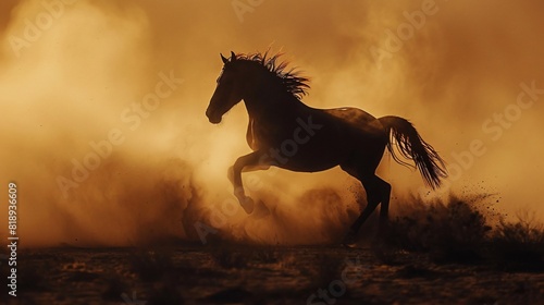 A wild horse is running in a dusty field