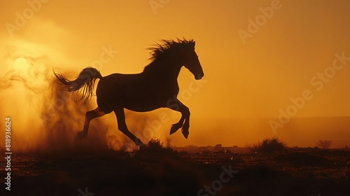 A wild horse is running in a dusty field