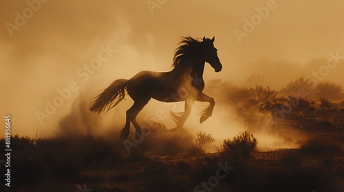 A wild horse is running in a dusty field photo
