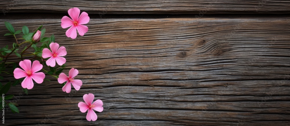 A copy space image featuring a solitary pink stock flower set against a rustic wooden backdrop A copy space image featuring a solitary pink stock flower set against a rustic wooden backdrop