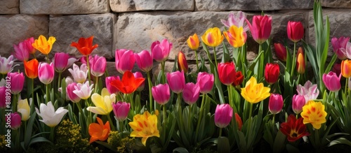A vibrant assortment of spring flowers featuring dominant tulips showcases a blend of colors including green yellow and red The foreground appears blurred while a backdrop of a natural stone wall add #818936812