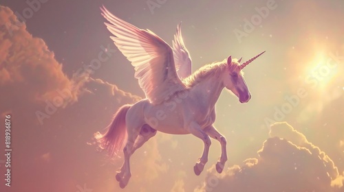 a winged unicorn with a long flowing mane and tail  flying in a cloudy sky.