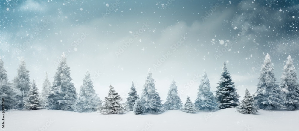 Naklejka premium A winter scene with snow covered Christmas trees serves as a background for a delightful holiday greeting with copy space