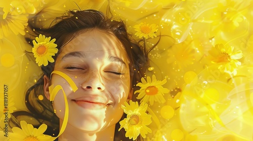 joyful woman celebrates world hepatitis day in daisyadorned photobooth with symbolic yellow ribbon digital painting photo