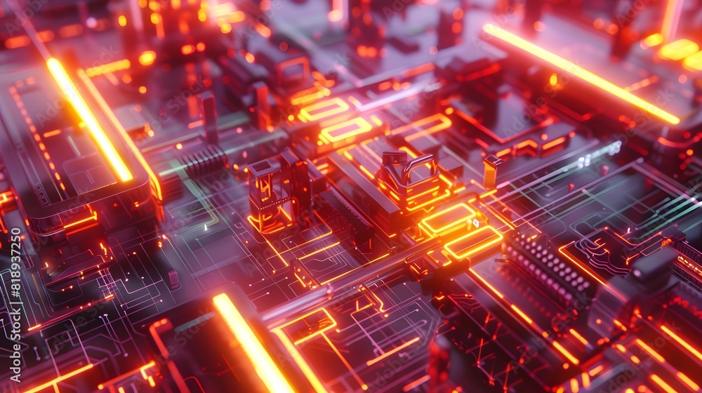 : A high-tech quantum circuit with multiple qubits and gates, showcasing the flow of quantum information through complex, neon-lit pathways and connections : A high-tech quantum circuit with multiple qubits and gates, showcasing the flow of quantum information through complex, neon-lit pathways and connections