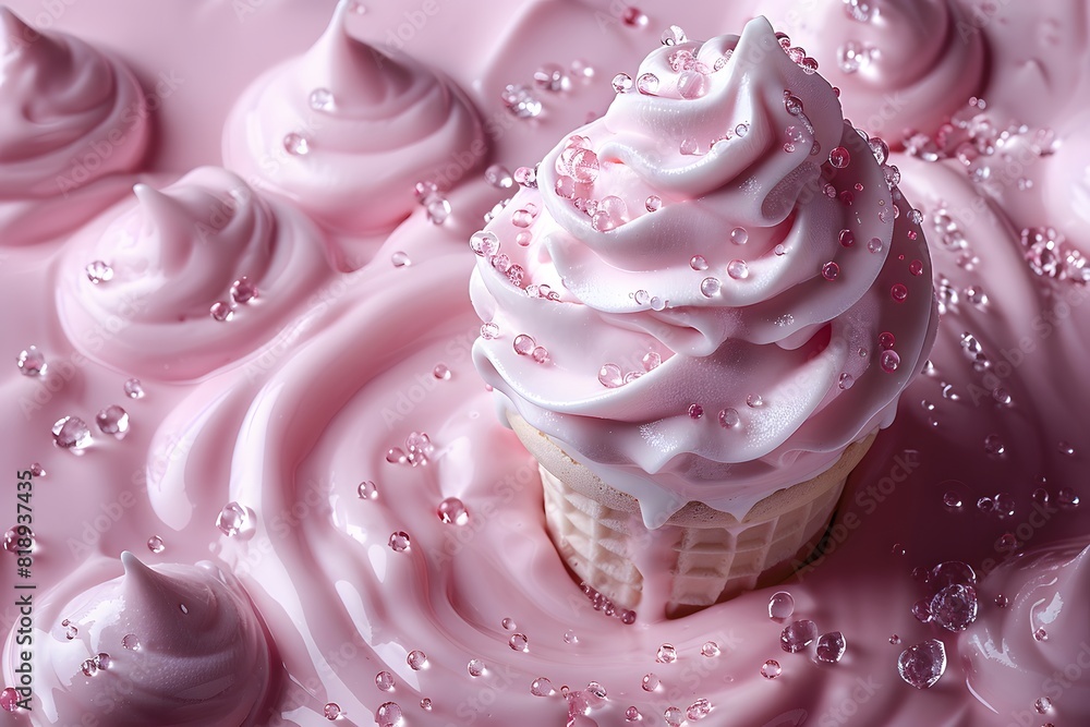Pink Whipped Cream and Ice Cream Cone with Shimmering Pearls - Sweet Treat for Dessert Lovers Pink Whipped Cream and Ice Cream Cone with Shimmering Pearls - Sweet Treat for Dessert Lovers