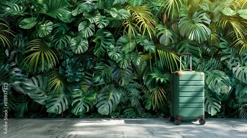 luggage suitcase against exotic green tropical plant wall travel and vacation concept photo
