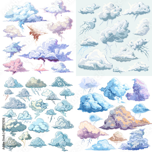 Set of  four abstraction. Clouds, clouds, watercolor painting, children's wallpaper. Hand drawn illustrations, modern art, prints, wallpapers, posters, cards, murals, rugs, hangings