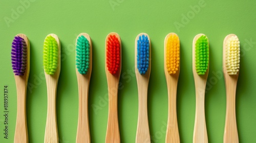 toothbrushes with different colors on a green background