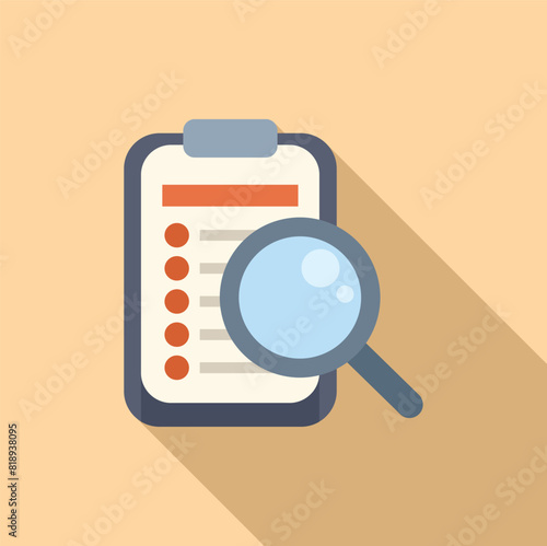 Vector flat design inspection checklist concept icon with magnifying glass and clipboard for review, verification, and quality control in business and organization