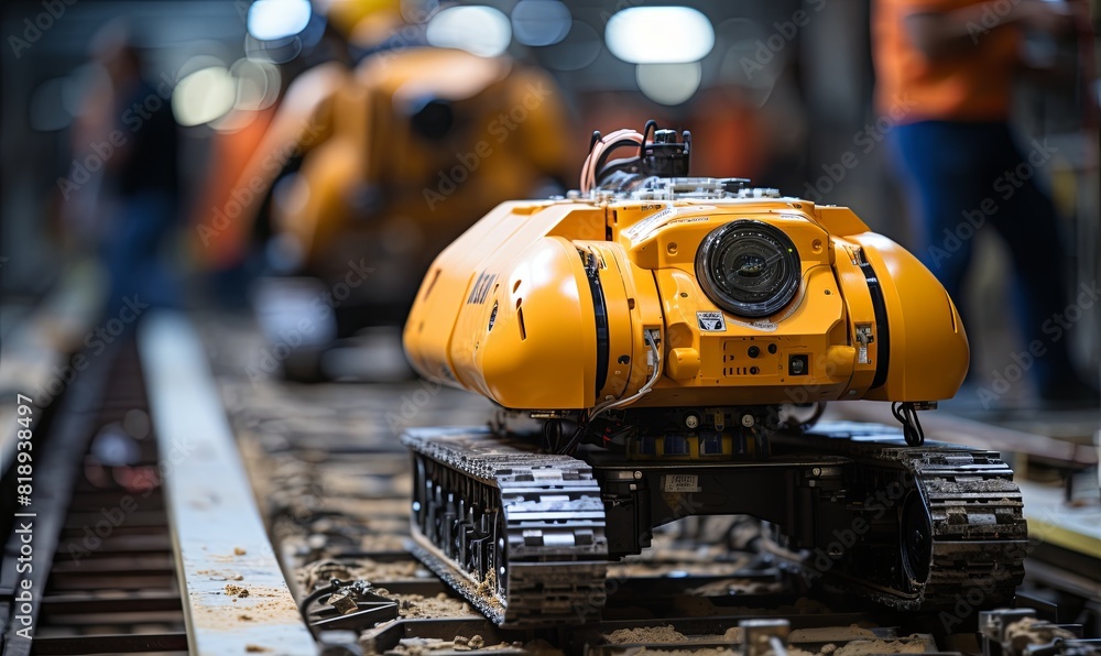 Yellow Robot Sitting on Train Track Yellow Robot Sitting on Train Track