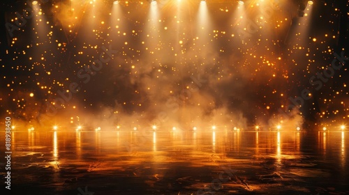 luxurious gold stage with dramatic lighting effects smoky atmosphere and spotlights simple elegant event background