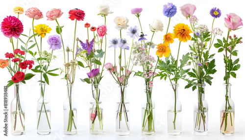 Collage with many beautiful flowers in glass vases on white background
