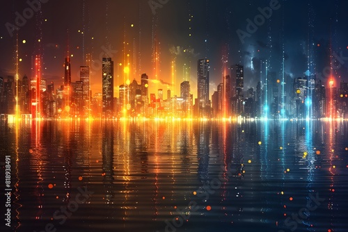 Stunning Urban Skyline at Sunset with Vibrant Lights Reflected on Water - Ideal for Posters  Prints  and Wall Art