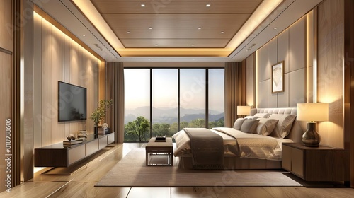 luxurious modern bedroom with wood ceiling and large picture frame 3d rendering
