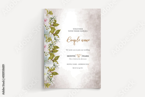 WEDDING INVITATION FRAME WITH FLOWER DECORATIONS AND FRESH LEAVES © IGNA