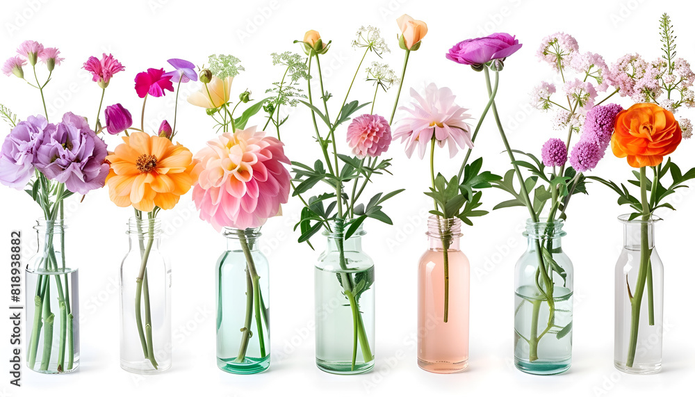 Obraz premium Collage with many beautiful flowers in glass vases on white background