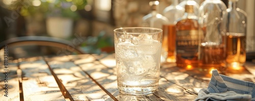 A glass of sparkling water on a sunny patio table  surrounded by empty whiskey bottles as decor