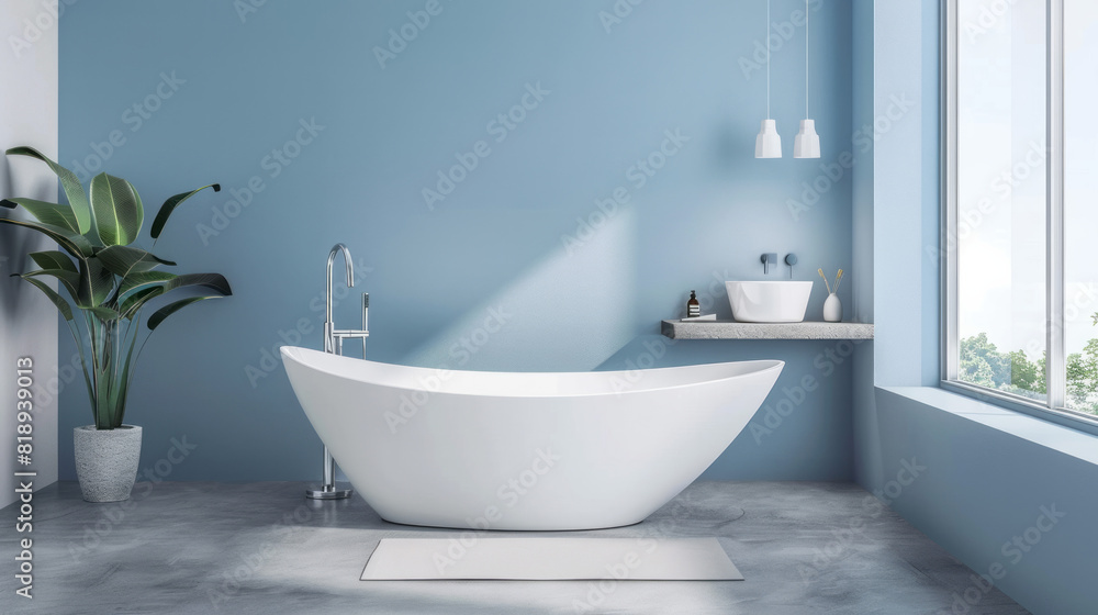 An anesthetic bathtub with smooth blue walls framed by panoramic windows offering breathtaking views. An anesthetic bathtub with smooth blue walls framed by panoramic windows offering breathtaking views.