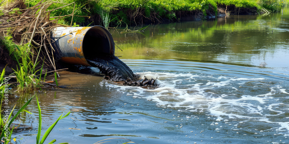 Fototapeta premium Water pollution in river. Dirty black water flows from a street pipe into a clean river. 