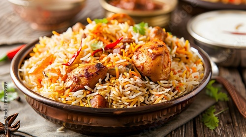  chicken biryani with rice and vegetables.