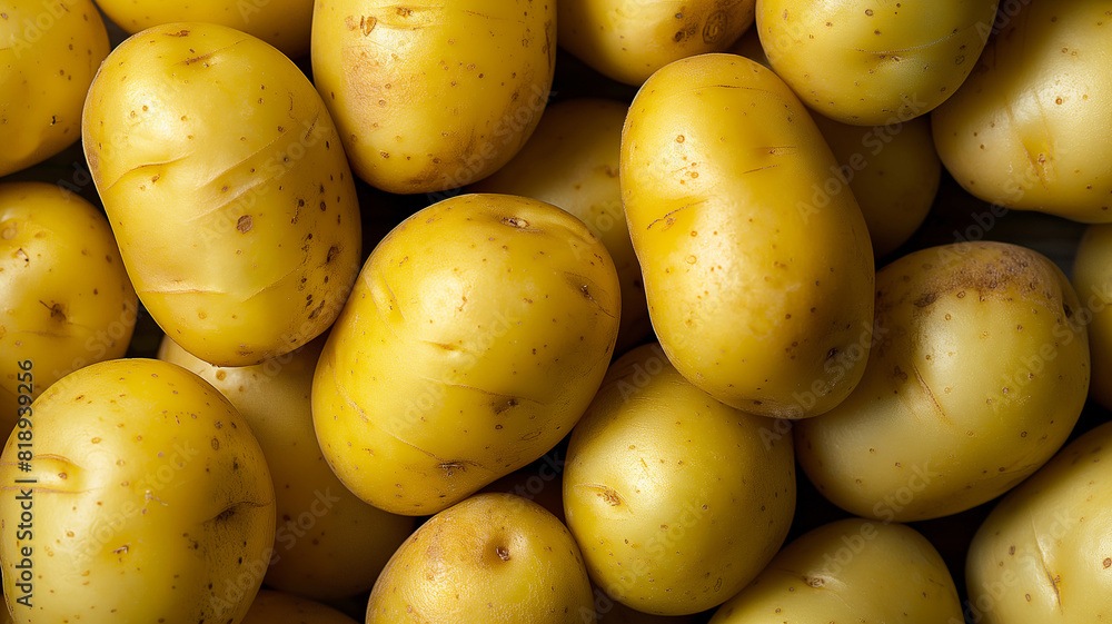 Close-up of fresh potatoes captured with their intense yellow hues and shiny texture. Summer vegetable background Close-up of fresh potatoes captured with their intense yellow hues and shiny texture. Summer vegetable background