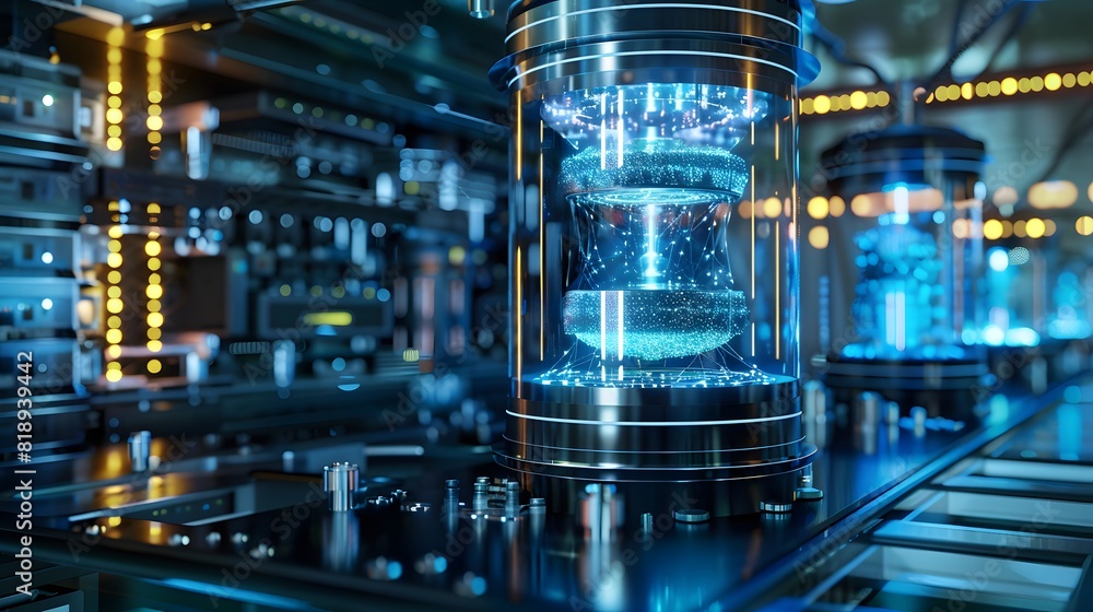  An advanced quantum computer in a futuristic lab, performing complex computations with glowing, interconnected nodes, surpassing classical supercomputers in speed and complexity