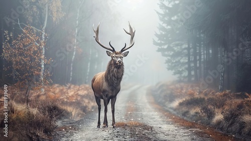 majestic deer standing alert on misty forest road a serene moment in the midst of potential danger