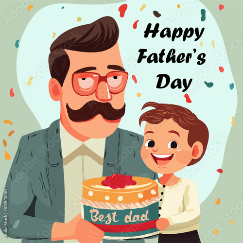 The son congratulates his dad on Father's Day. Dad with a mustache stands next to his little son, holding a cake, laughing