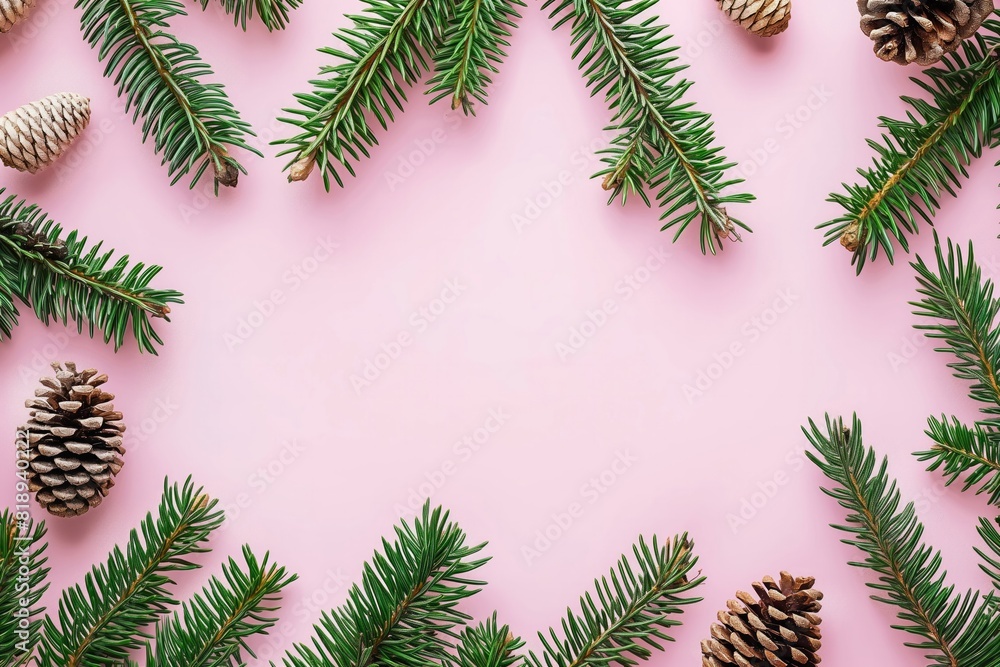 christmas fir branches on pink background, flat lay, top view, christmas concept