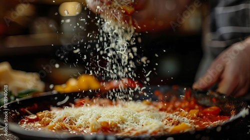 melted mozzarella moment hands sprinkling freshly grated cheese on sizzling sauce food photography