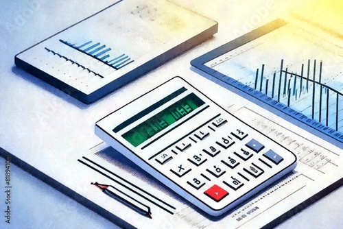 Business, finance and accounting concept. Businesswoman using calculator to calculate financial report, data analysis, graph growth chart, business planning, strategy and investment acquerello photo