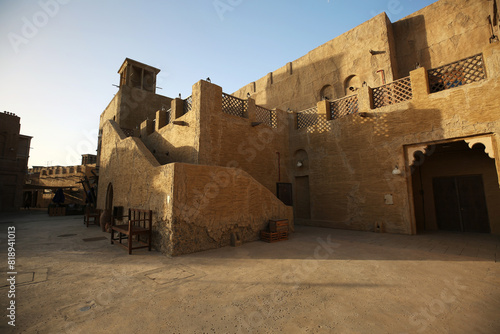 Al seef old historical district with traditional Arabic architecture. old buildings and traditional Arabian street. photo