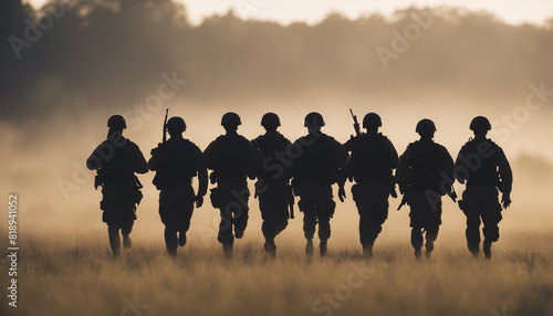 silhouette of soldiers on a morning run, lined up in a row in an open field
 photo