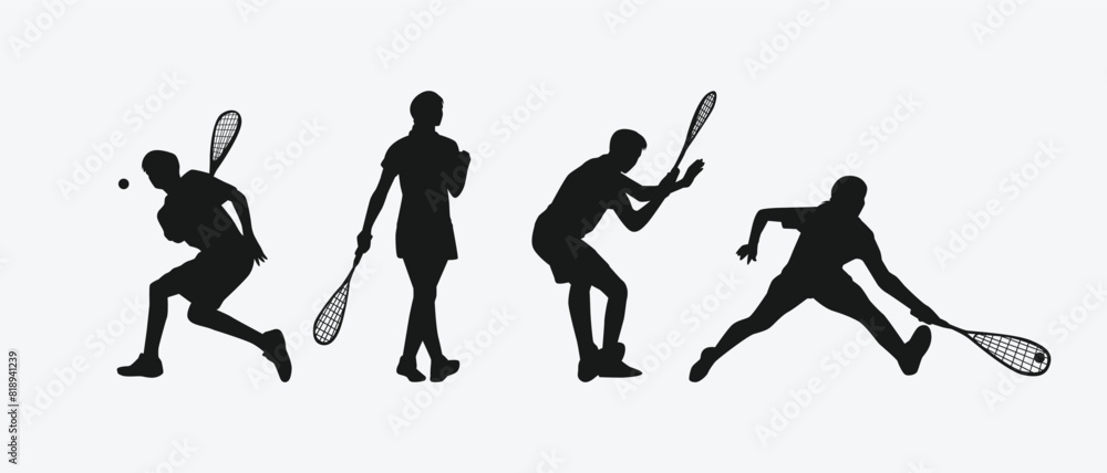 Squash player silhouettes set. Male and female athletes, sport theme. Isolated on white background. Vector illustration.