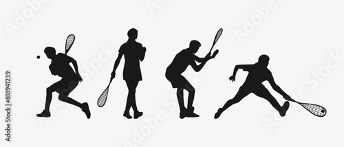 Squash player silhouettes set. Male and female athletes, sport theme. Isolated on white background. Vector illustration.