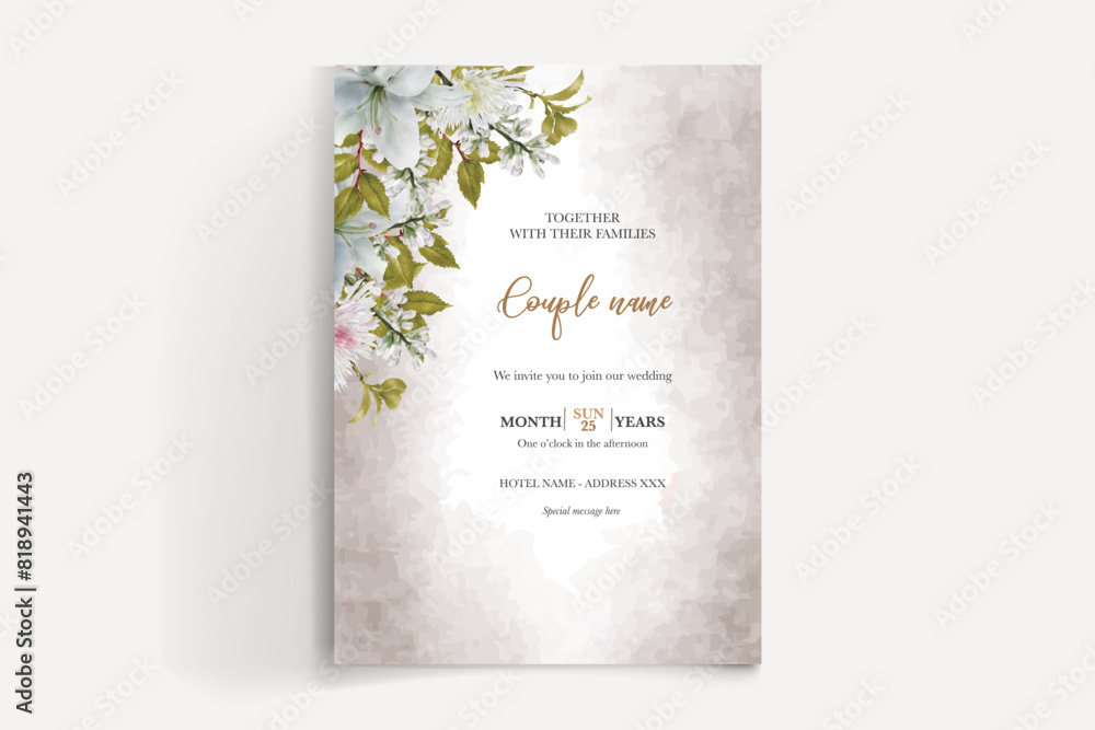 WEDDING INVITATION FRAME WITH FLOWER DECORATIONS AND FRESH LEAVES WEDDING INVITATION FRAME WITH FLOWER DECORATIONS AND FRESH LEAVES