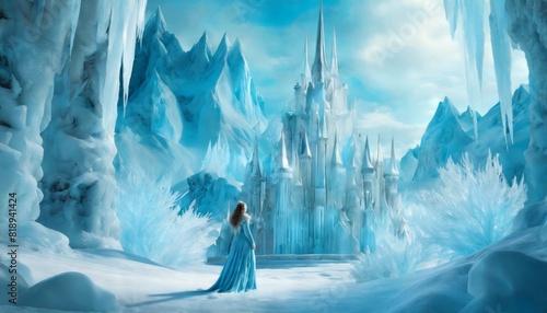 A lone figure in blue standing before a majestic ice palace surrounded by frosty spires and a frozen landscape.. AI Generation © Anastasiia